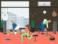 Fitness gym. People doing exercises with dumbbells, flat vector illustration.