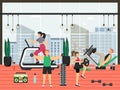 Fitness gym. People running on treadmill, exercising with dumbbells, using leg press machine, flat vector illustration.