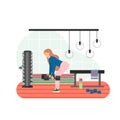 Fitness gym. Young woman doing deadlift exercises with dumbbells, flat vector illustration. Sport and healthy lifestyle.