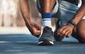Fitness, hands or black man tie shoes lace before start of running exercise, fitness training or sports workout. Health