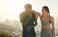 Fitness, happy and friends smile, exercise and relax after workout together with city background in Brazil. Couple, man