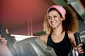 Fitness, happy or woman on stepper machine for cardio training, body workout or energy for endurance. Development