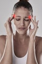 Fitness, headache or pain with woman and red glow for brain fog, tension and crisis on white background. Exercise