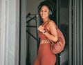 Fitness, headphones and black woman portrait happy about running, wellness and training. Music listening, health and Royalty Free Stock Photo