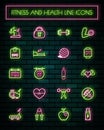 Fitness and Health thin neon glowing line icons set.vector illustration