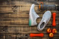 Fitness, healthy and active lifestyles love concept, dumbbells, sport shoes, bottle of waters and apples on wood background. Top