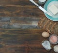 Fitness Healthy Breakfast. rustic Food on Wooden background with copy Space. Eggs, Whole Grain Bread, Butter, Knife, Blue Plate. Royalty Free Stock Photo