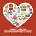 Fitness healthy food heart poster of sport diet food nutrition and dietary supplement icons.