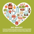 Fitness healthy food heart poster of sport diet food nutrition and dietary supplement icons.