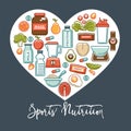 Fitness healthy food heart poster of sport diet food nutrition and dietary supplement icons.