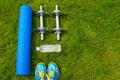 Fitness and healthy lifestyle concept, sport shoes, dumbbells, bottle of water and mat on grass