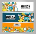 Fitness and healthy lifestyle. Horizontal banner template set. Modern hand drawn doodle design.