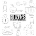 Fitness and healthy lifestyle icons set. Black and white outline coloring page. Hand drawn doodle objects. Royalty Free Stock Photo