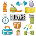 Fitness and healthy lifestyle icons set. Colorful hand drawn doodle objects. Royalty Free Stock Photo