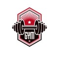 Fitness and heavyweight gym sport club logotype template, retro stylized vector emblem or badge.