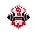 Fitness and heavyweight gym sport club logotype template, retro stylized vector emblem or badge. Royalty Free Stock Photo