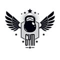 Fitness and heavyweight gym sport club logotype template, vintage style winged vector emblem.