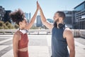Fitness high five, success and couple in the city, cardio training and motivation for workout. Support, achievement and