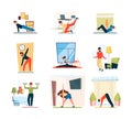 Fitness home activity. Sport exercises stretching poses squat indoor healthy activities garish vector flat illustrations