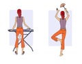 Fitness at home. A young woman performs a variety of exercises in the process of housekeeping - cleaning,  ironing back view. Royalty Free Stock Photo