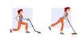 Fitness at home. A young woman performs a variety of exercises in the process of housekeeping - cleaning. Raster illustration