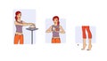 Fitness at home. A young woman performs a variety of exercises in the process of housekeeping - cleaning. Raster illustration