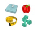 Fitness icon set, fitness scales, bell pepper, measuring tape of tailor and plastic fitness weight dumbbells for women. Healthy li