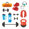 Fitness Icons Set Vector. Sport Tools Accessories. Bag, Towel, Weights, Dumbbell, Bar, Player, Boxing Gloves. Isolated