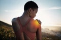 Fitness injury, black woman and exercise outdoor with shoulder pain overlay, glow and city view. Athlete, wellness and
