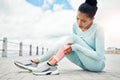 Fitness, injury and running with leg pain of woman and muscle sore for workout, exercise or training accident. Medical