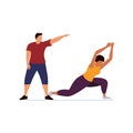 Fitness instructor and woman practicing yoga pose. Male fitness coach guiding female student in stretching exercise