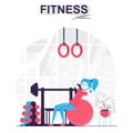 Fitness isolated cartoon concept. Woman exercising on ball and training in gym, sport workout people scene in flat design. Vector