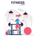 Fitness isolated cartoon concept. Woman jumping rope and exercising in gym, sports workout people scene in flat design. Vector