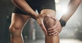 Fitness, knee pain and hands of man at gym for training with muscle, problem or arthritis. Sports, injury and leg of