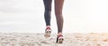 Fitness, legs and feet running on beach sand for exercise, sports athlete or energy with mockup space from the back Royalty Free Stock Photo