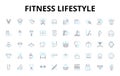 Fitness lifestyle linear icons set. Exercise, Strength, Cardio, Health, Wellness, Nutrition, Yoga vector symbols and