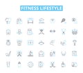 Fitness lifestyle linear icons set. Exercise, Strength, Cardio, Health, Wellness, Nutrition, Yoga line vector and