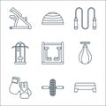 fitness line icons. linear set. quality vector line set such as exercise tool, exercise tool, boxing gloves, punching ball, walker