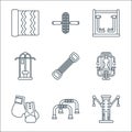 fitness line icons. linear set. quality vector line set such as bodybuilding tool, hand grip, boxing gloves, workout machine, Royalty Free Stock Photo