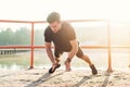 Fitness man doing clapping push-ups exercise intense training outdoors. Royalty Free Stock Photo