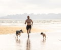Fitness man running and training with his dog on the beach Royalty Free Stock Photo