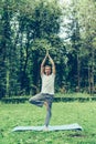 Fitness, man training yoga in tree pose in park. Young sporty guy Royalty Free Stock Photo