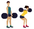 Fitness man and woman with barbell in gym