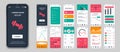 Fitness mobile app screens set for web templates. Pack of login, different trainings, progress statistics, running tracking, other