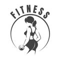 Fitness Monochrome Retro Emblem with Woman holds dumbbells