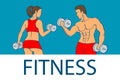 Fitness with muscled man and woman silhouettes. Man and woman holds dumbbells. Vector illustration Royalty Free Stock Photo