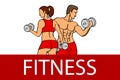 Fitness with muscled man and woman silhouettes. Man and woman holds dumbbells. Vector illustration Royalty Free Stock Photo