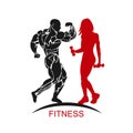 Fitness muscled man and woman silhouettes, vector illustration
