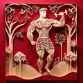 Fitness muscular athlete, design made of paper, traditional papercut paper crafted handmade decoration children illustration