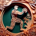 Fitness muscular athlete, design made of paper, traditional papercut paper crafted handmade decoration children illustration